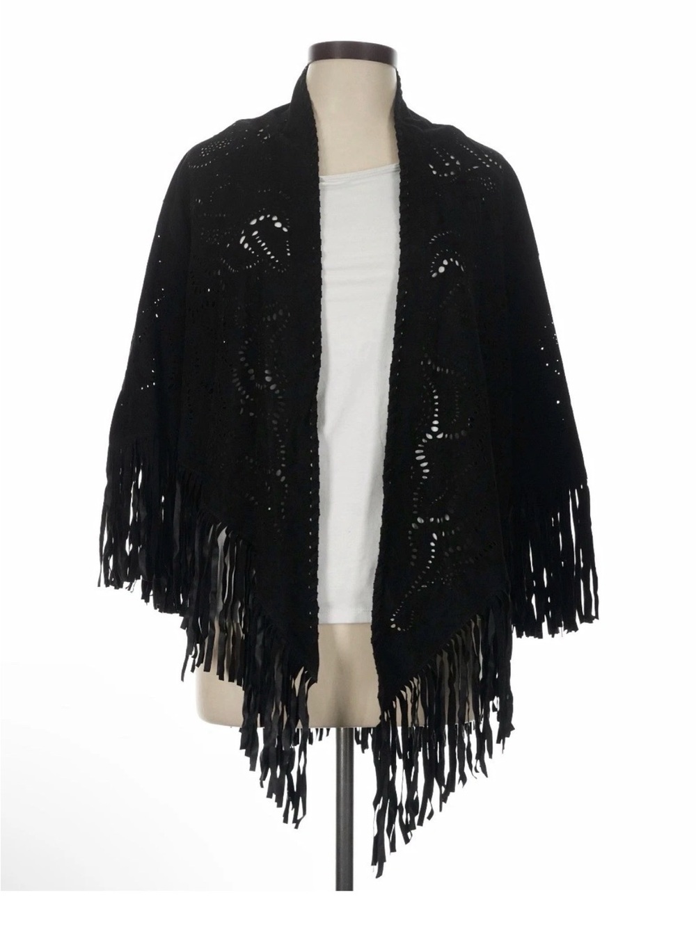 Johnny Was Laser Cut Black Italian Suede Poncho L/XL